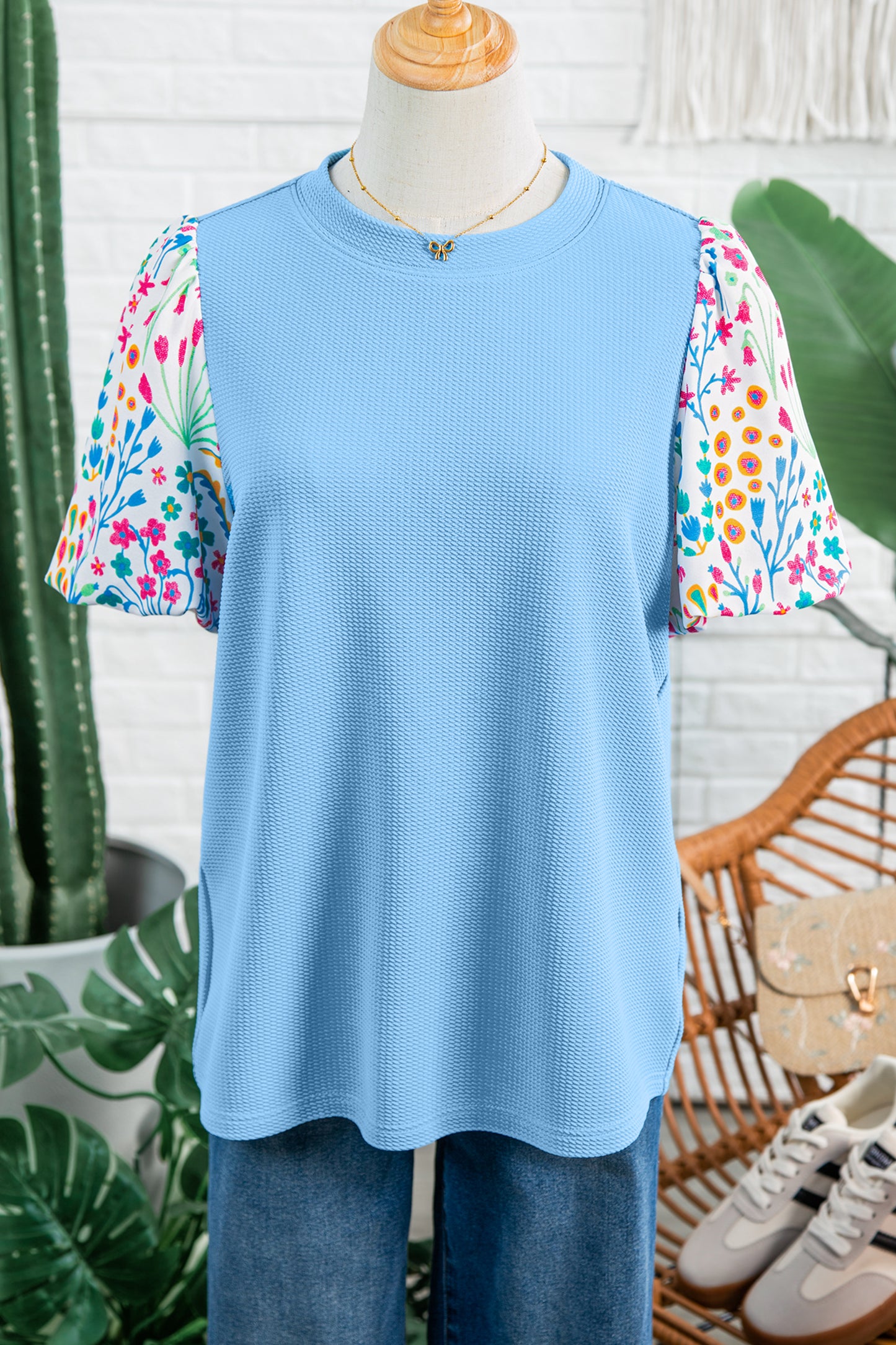Light Blue Round Neck Textured Contrast Floral Bubble Sleeve Blouse-Tops/Blouses & Shirts-[Adult]-[Female]-2022 Online Blue Zone Planet
