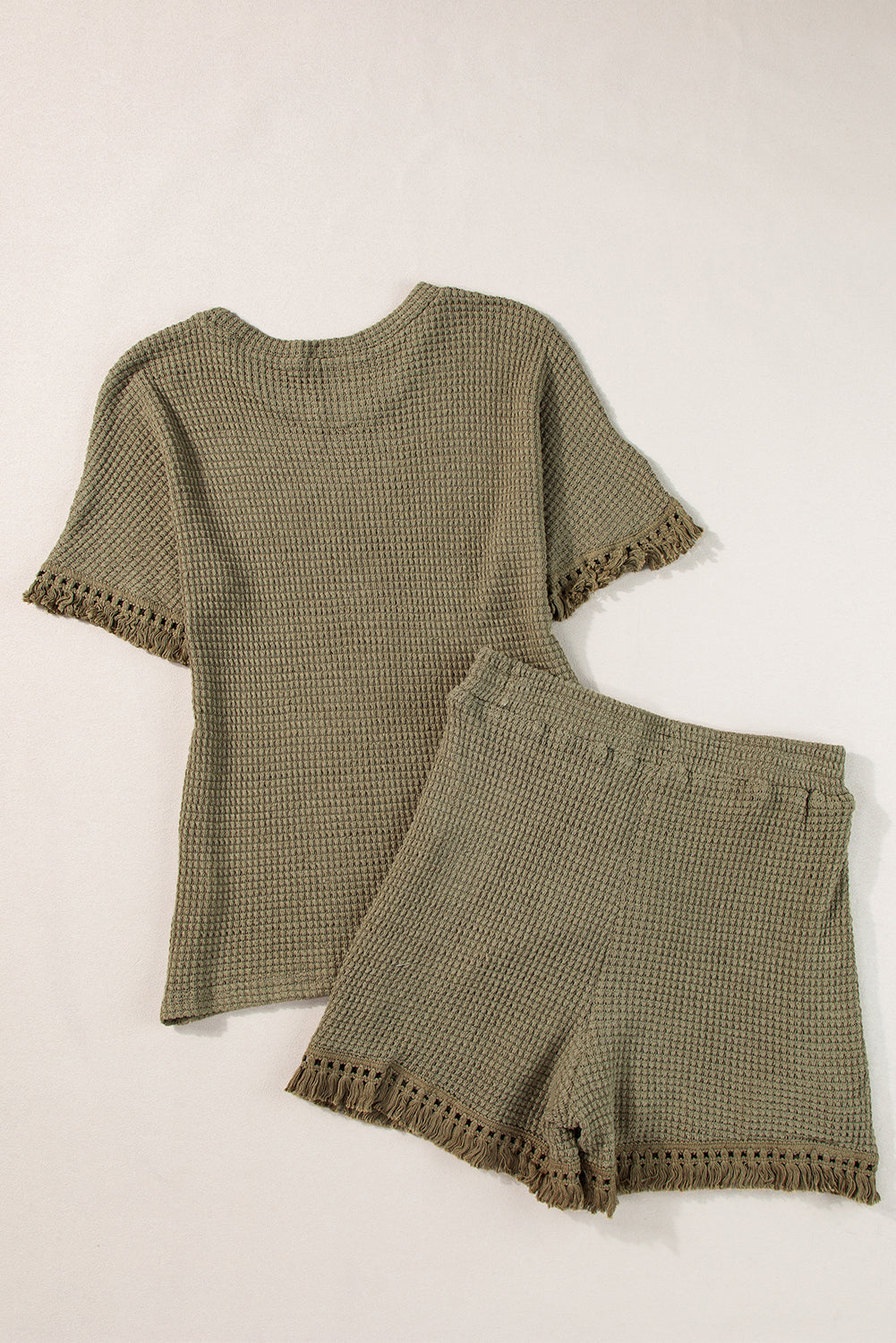 Laurel Green Fringe Trim Textured Short Two Piece Set-Two Piece Sets/Short Sets-[Adult]-[Female]-2022 Online Blue Zone Planet