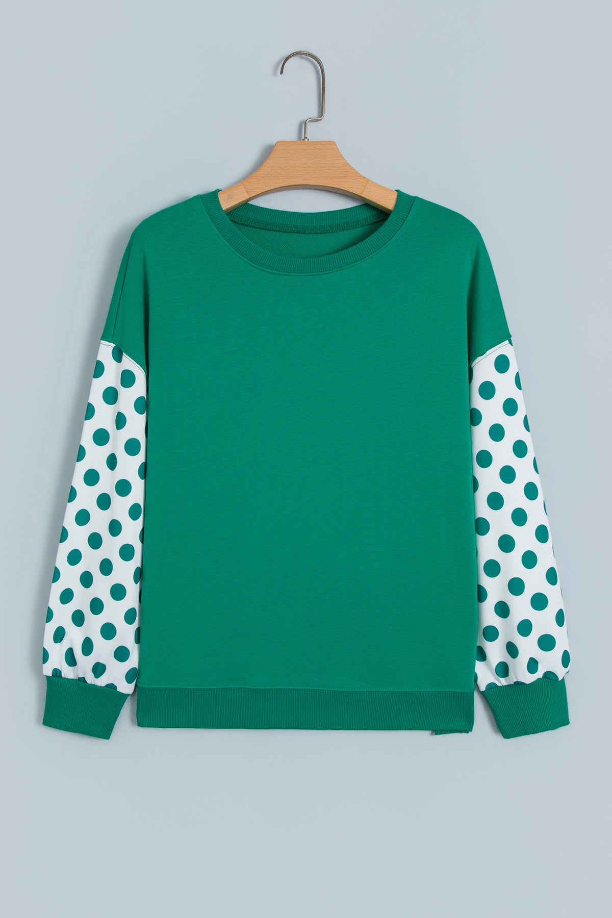 Green Polka Dot Patchwork Sleeve Crew Neck Loose Pullover Sweatshirt-Tops/Sweatshirts & Hoodies-[Adult]-[Female]-2022 Online Blue Zone Planet