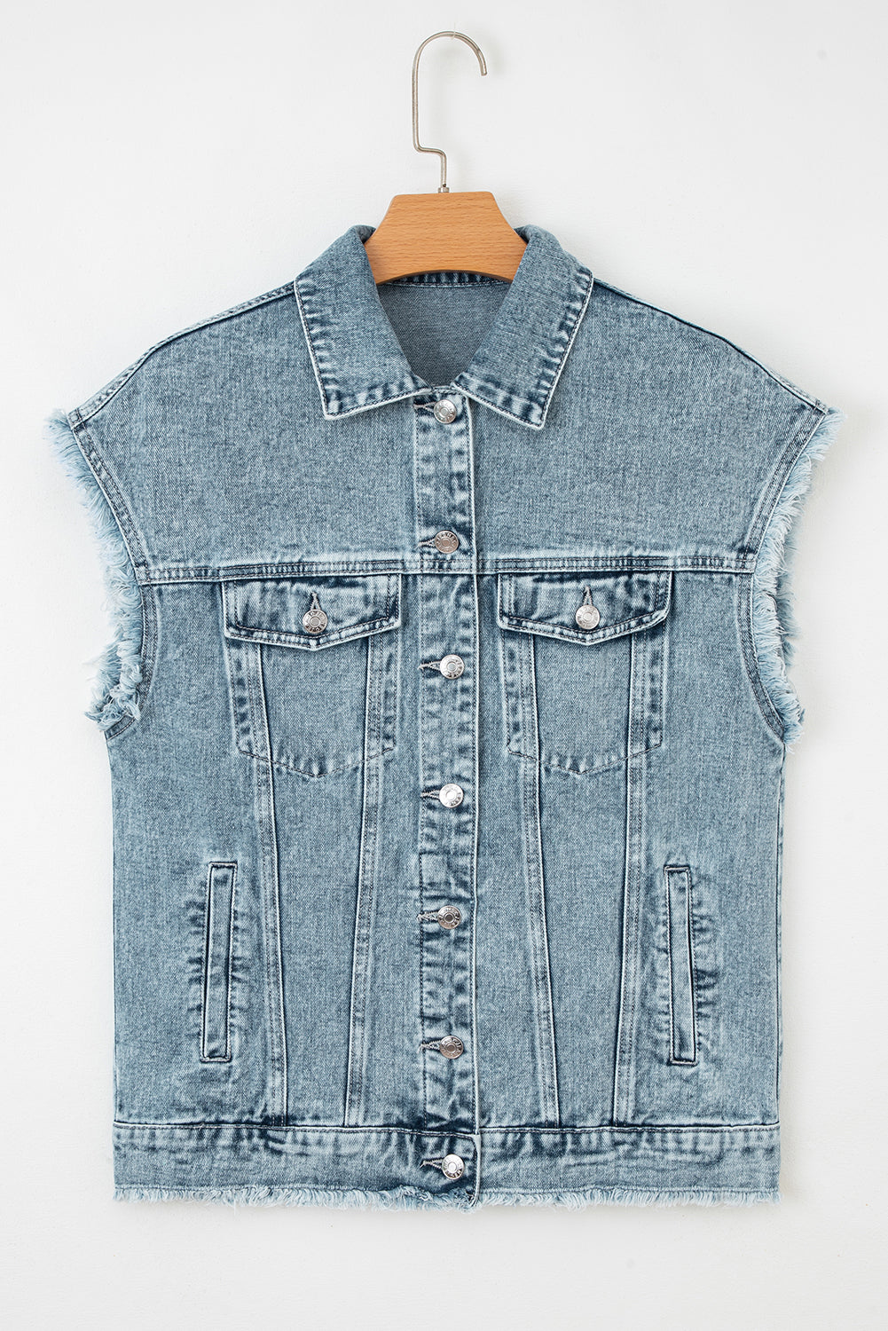 Myosotis Button Flap Pocket Frayed Detail Denim Vest-Outerwear/Vests-[Adult]-[Female]-2022 Online Blue Zone Planet