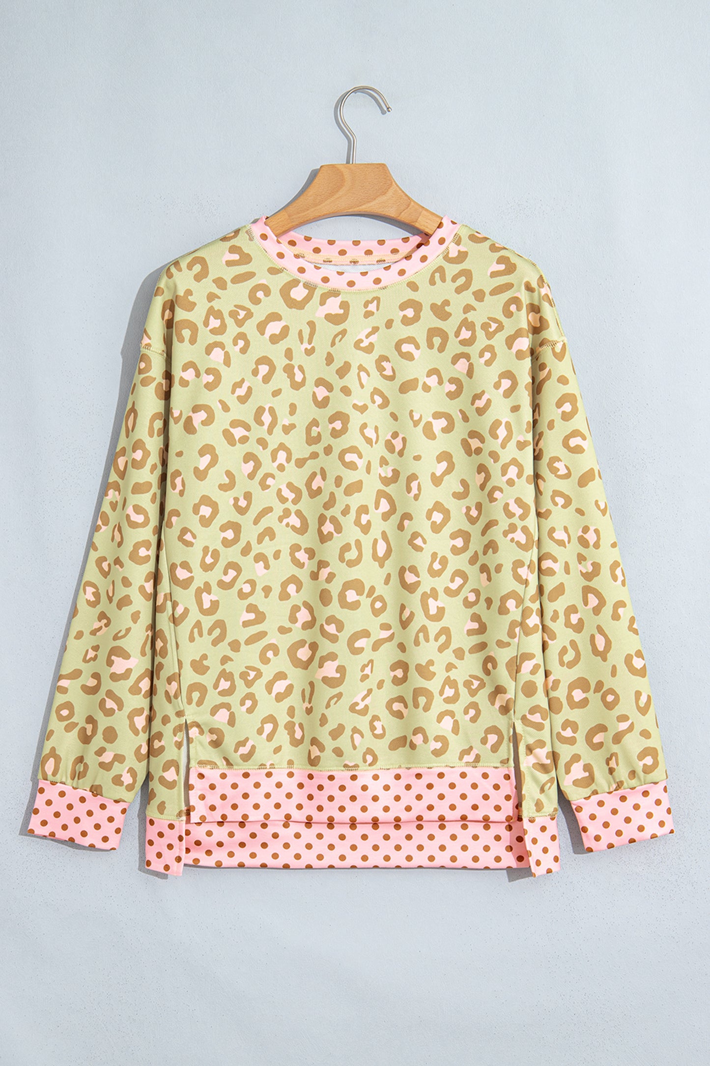 Pink Leopard Polka Dot Colorblock Trim Long Sleeve Top-Tops/Long Sleeve Tops-[Adult]-[Female]-2022 Online Blue Zone Planet