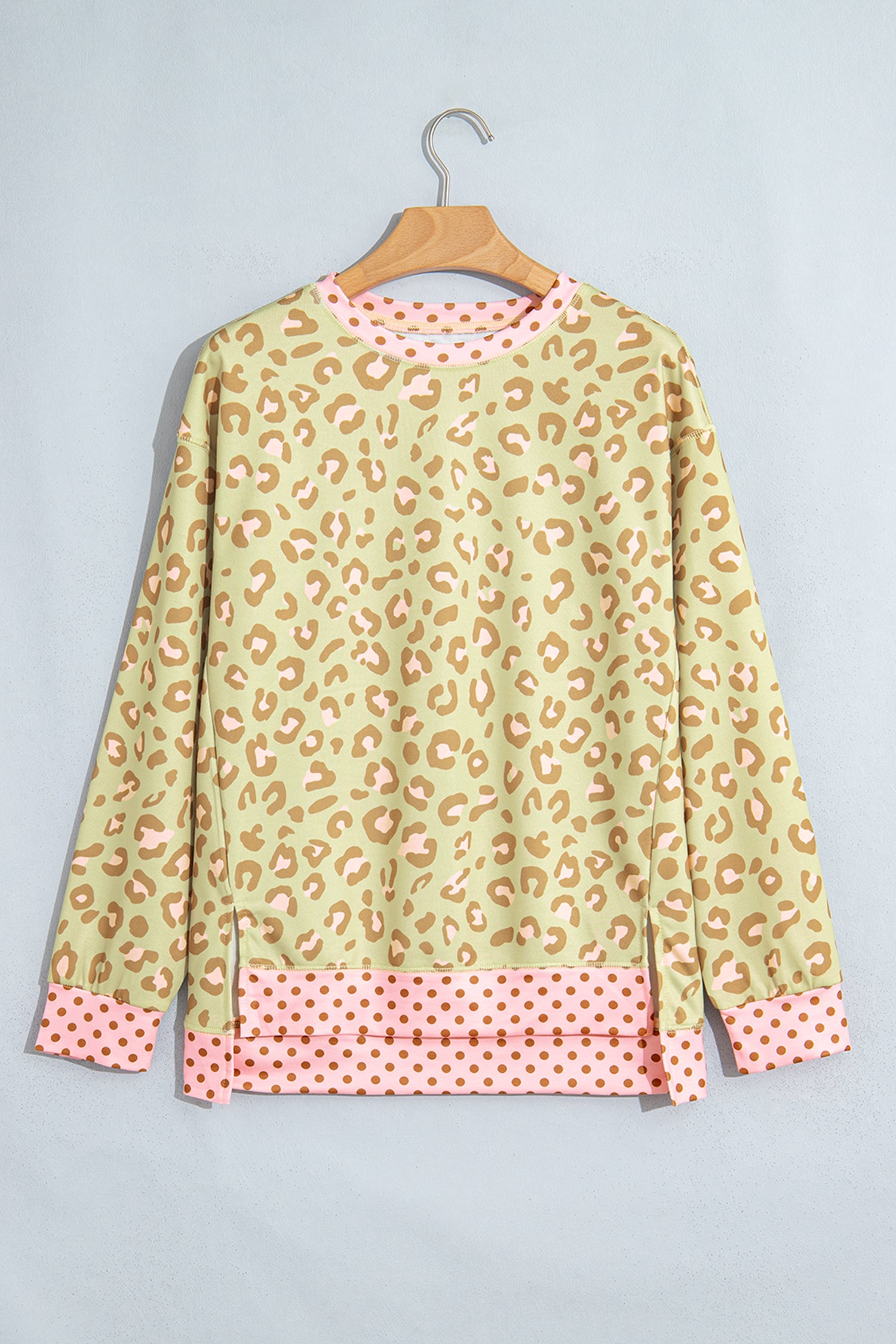 Pink Leopard Polka Dot Colorblock Trim Long Sleeve Top-Tops/Long Sleeve Tops-[Adult]-[Female]-2022 Online Blue Zone Planet