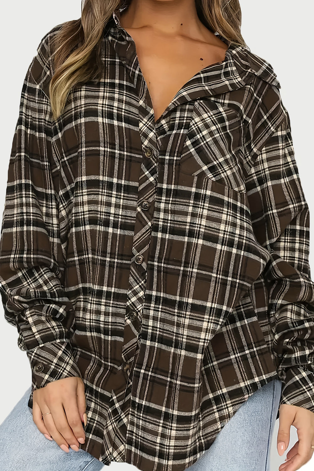 Plaid Collared Neck Long Sleeve Shirt-TOPS / DRESSES-[Adult]-[Female]-Chocolate-S-2022 Online Blue Zone Planet