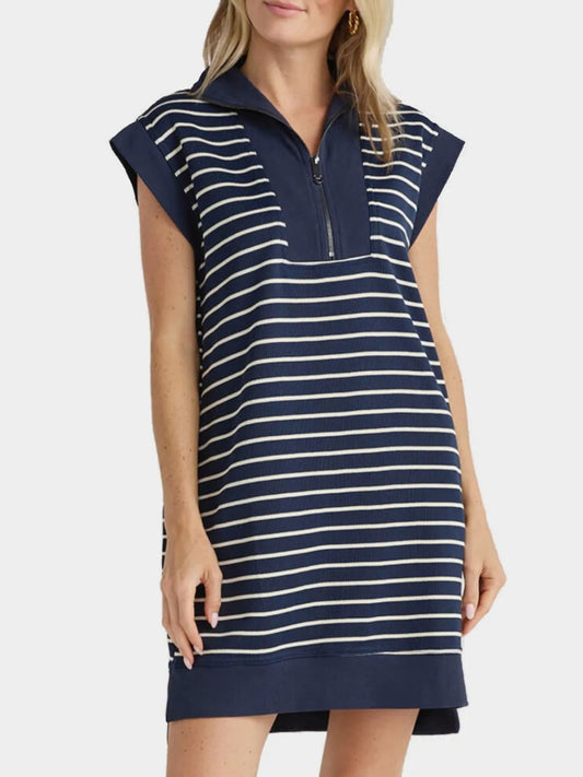 Blue Zone Planet | Full Size Pocketed Striped Quarter Zip Cap Sleeve Dress-TOPS / DRESSES-[Adult]-[Female]-Dark Blue-S-2022 Online Blue Zone Planet