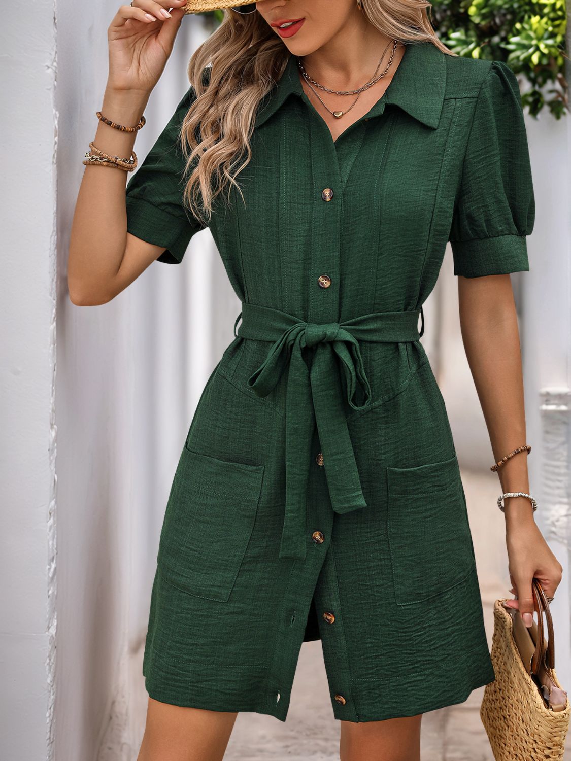 Perfee Tie Waist Button Down Short Sleeve Mini Dress-TOPS / DRESSES-[Adult]-[Female]-2022 Online Blue Zone Planet