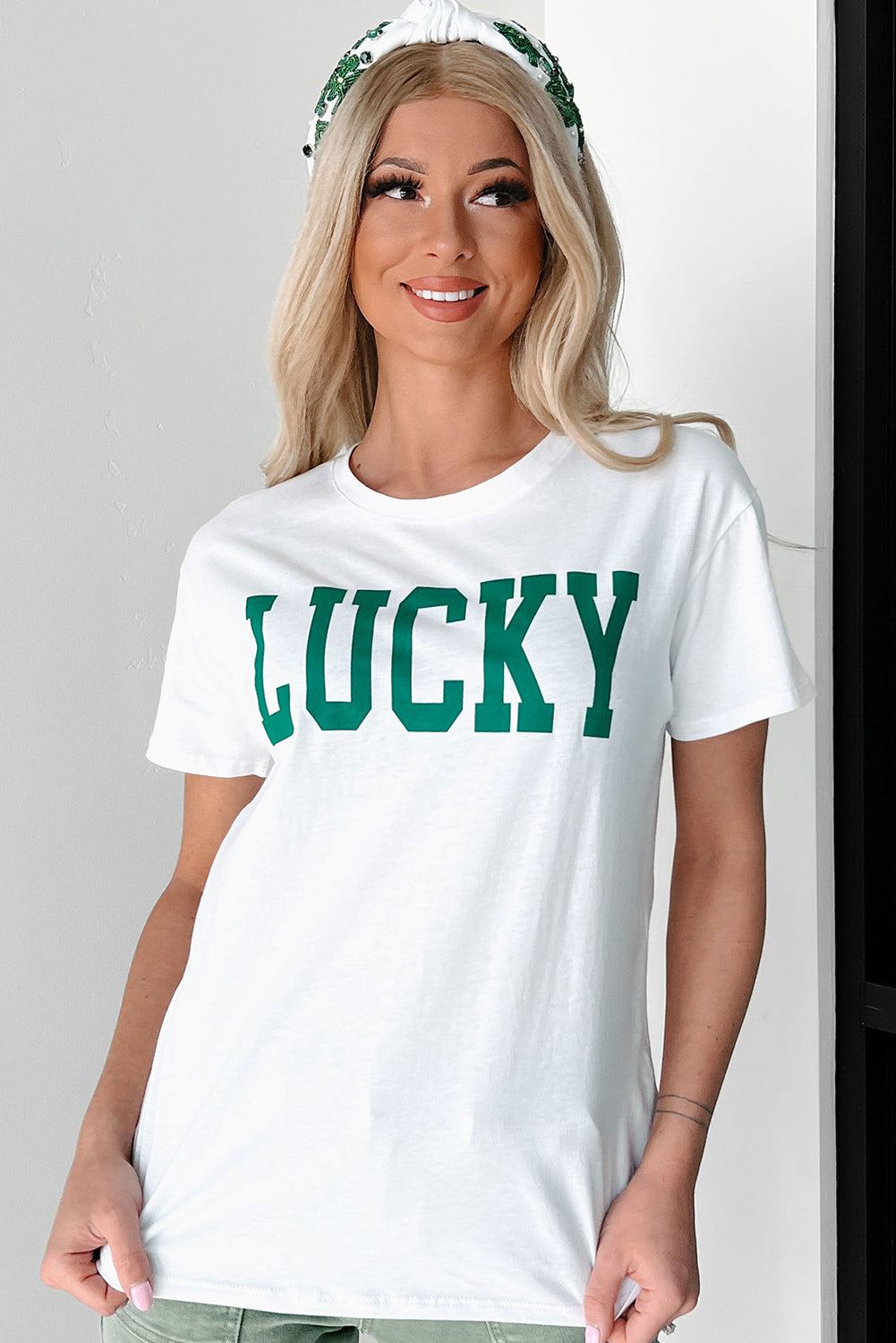 White Lucky Printed Round Neck St Patricks T Shirt