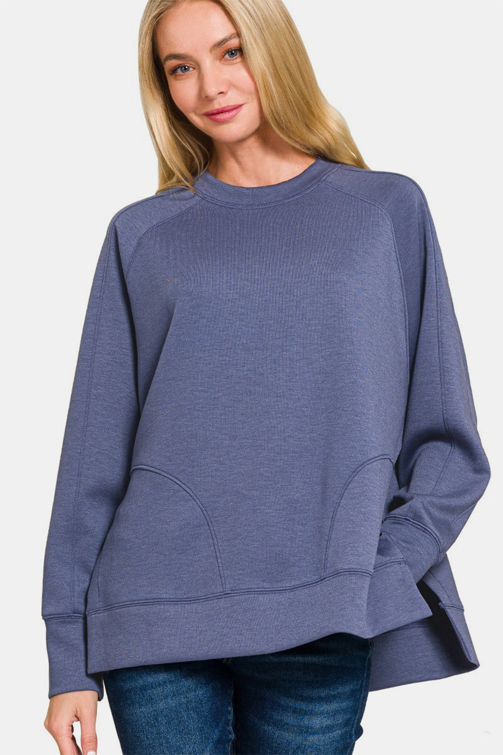 Zenana Scuba Round Neck Side Slit Sweatshirt-TOPS / DRESSES-[Adult]-[Female]-Blue Indigo-S-2022 Online Blue Zone Planet