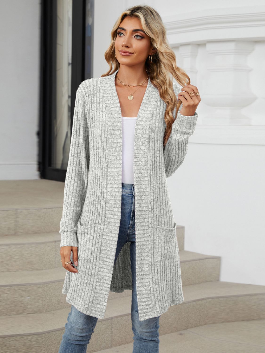 Open Front Long Sleeve Cardigan-TOPS / DRESSES-[Adult]-[Female]-Light Gray-S-2022 Online Blue Zone Planet