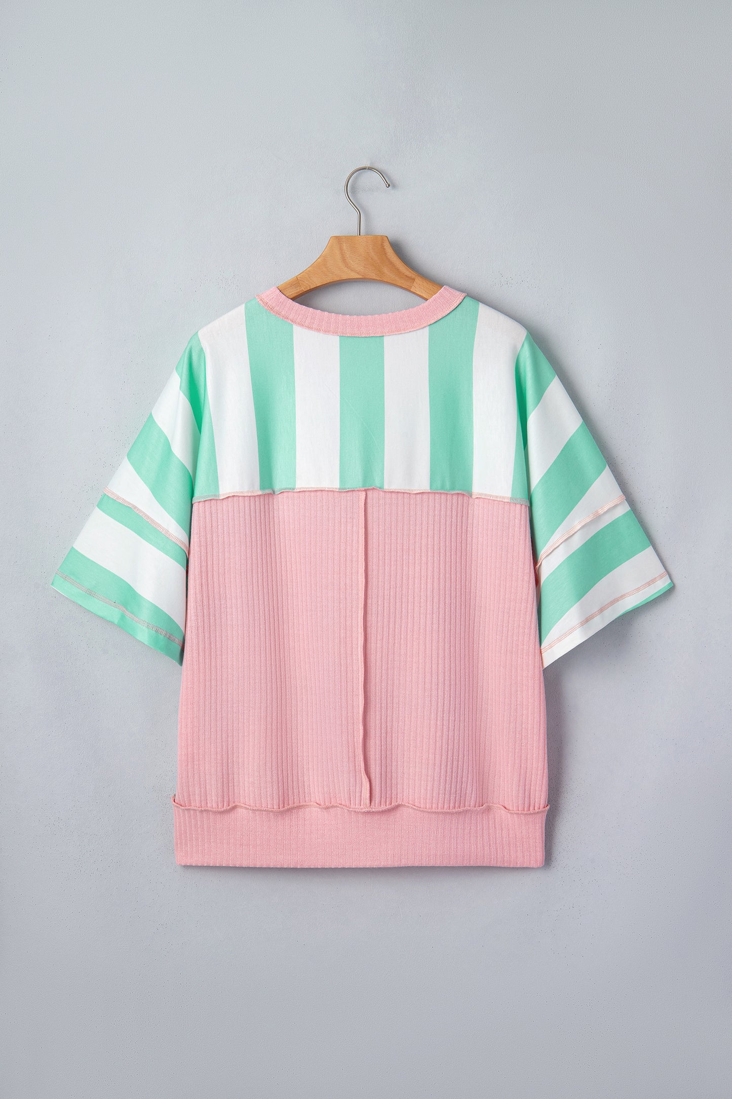 Pink Stripe Exposed Seam Ribbed Patchwork Oversized Tee-Tops/Tops & Tees-[Adult]-[Female]-2022 Online Blue Zone Planet