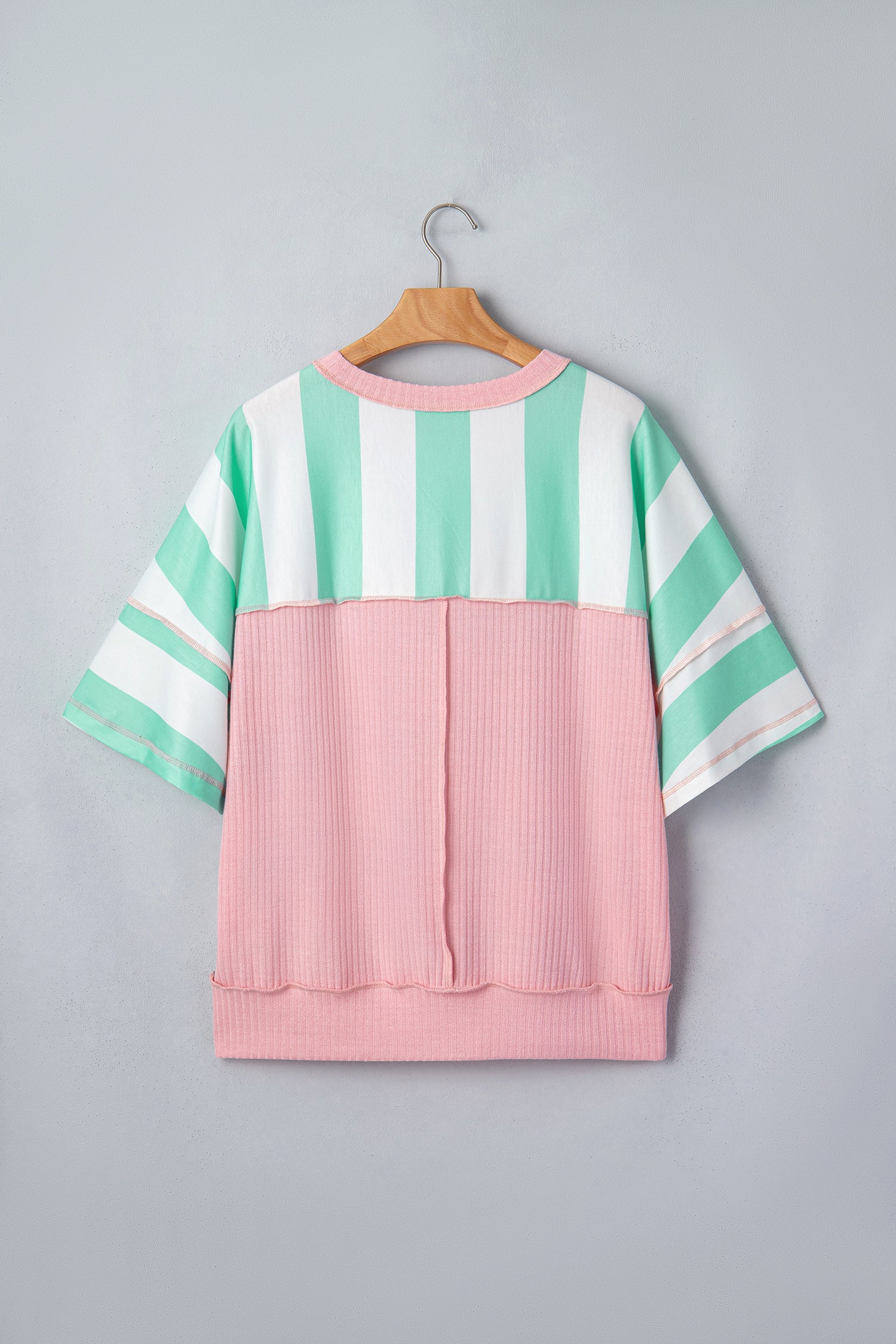 Pink Stripe Exposed Seam Ribbed Patchwork Oversized Tee-Tops/Tops & Tees-[Adult]-[Female]-2022 Online Blue Zone Planet
