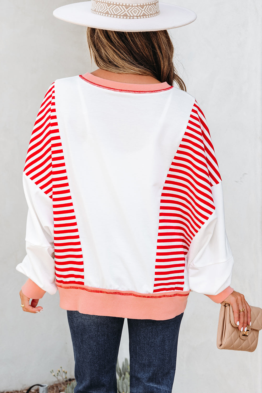 Red Stripe Colorblock Patchwork Contrast Stitching Oversize Sweatshirt-Tops/Sweatshirts & Hoodies-[Adult]-[Female]-2022 Online Blue Zone Planet