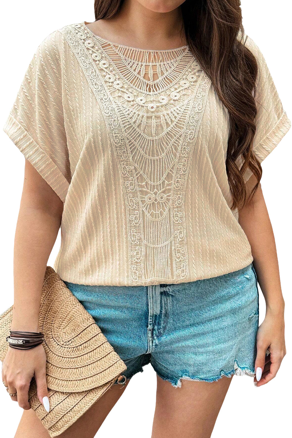 Beige Lace Crochet Patched Cable Textured Cuffed Short Sleeve Plus Size Top-Plus Size Tops-[Adult]-[Female]-2022 Online Blue Zone Planet