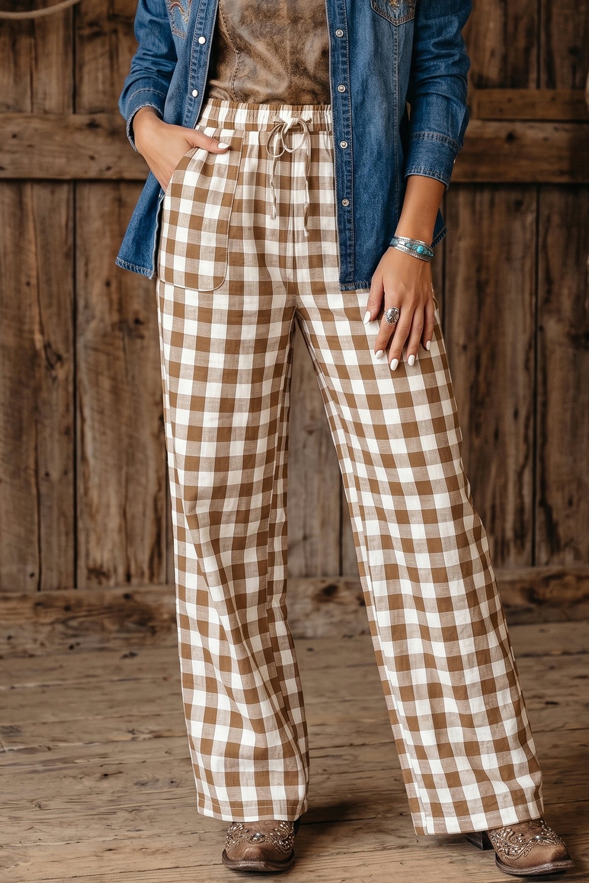 Brown Gingham Plaid Tie Elastic Waist Shift Pants-Bottoms/Pants & Culotte-[Adult]-[Female]-2022 Online Blue Zone Planet
