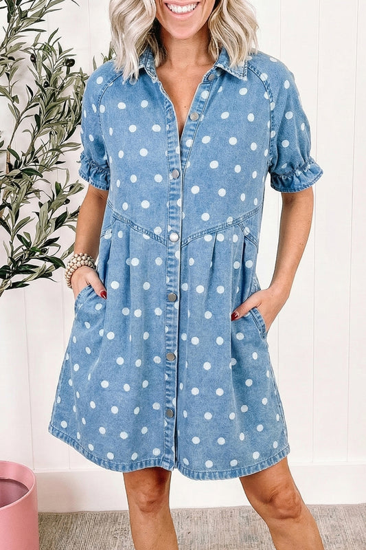 Sky Blue Polka Dot Print Ruffled Short Puff Sleeve Button Down Loose Denim Dress-TOPS / DRESSES-[Adult]-[Female]-Sky Blue-S-2022 Online Blue Zone Planet