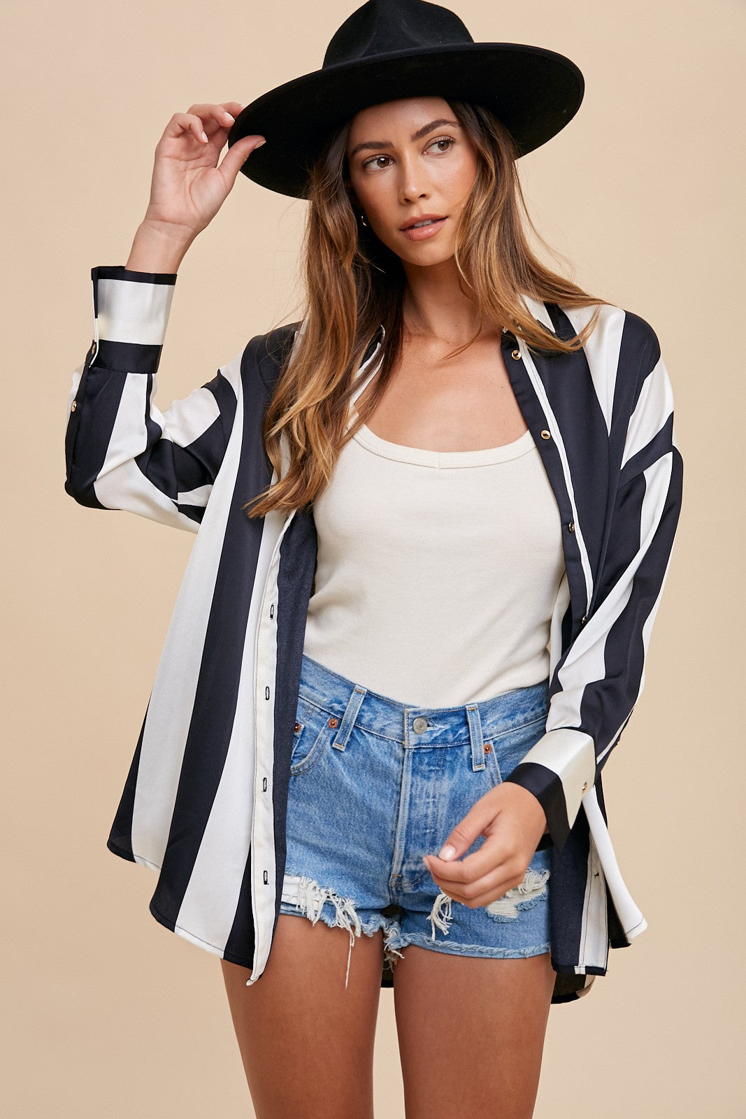 Annie Wear Striped Dropped Shoulder Button Up Shirt-TOPS / DRESSES-[Adult]-[Female]-Black/Ivory-S-2022 Online Blue Zone Planet