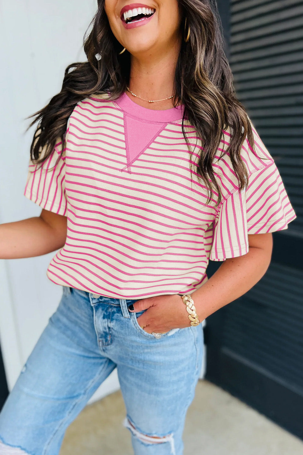 Sachet Pink Contrast Detail Striped Ruffle Short Sleeve Top-Tops/Tops & Tees-[Adult]-[Female]-2022 Online Blue Zone Planet