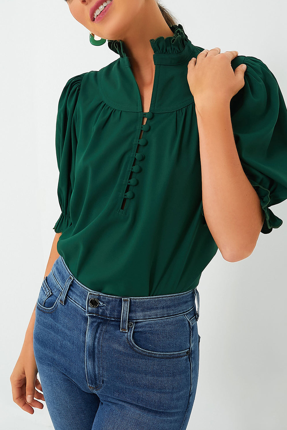 Blackish Green Solid Puff Sleeve Frilled Trim Elegant Blouse-Tops/Blouses & Shirts-[Adult]-[Female]-Blackish Green-S-2022 Online Blue Zone Planet