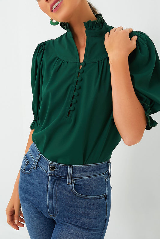 Blackish Green Solid Puff Sleeve Frilled Trim Elegant Blouse-Tops/Blouses & Shirts-[Adult]-[Female]-Blackish Green-S-2022 Online Blue Zone Planet