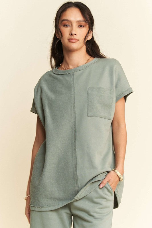 Davi & Dani Round Neck Short Sleeve Top and Pants Set-TOPS / DRESSES-[Adult]-[Female]-Olive Sage-S-2022 Online Blue Zone Planet