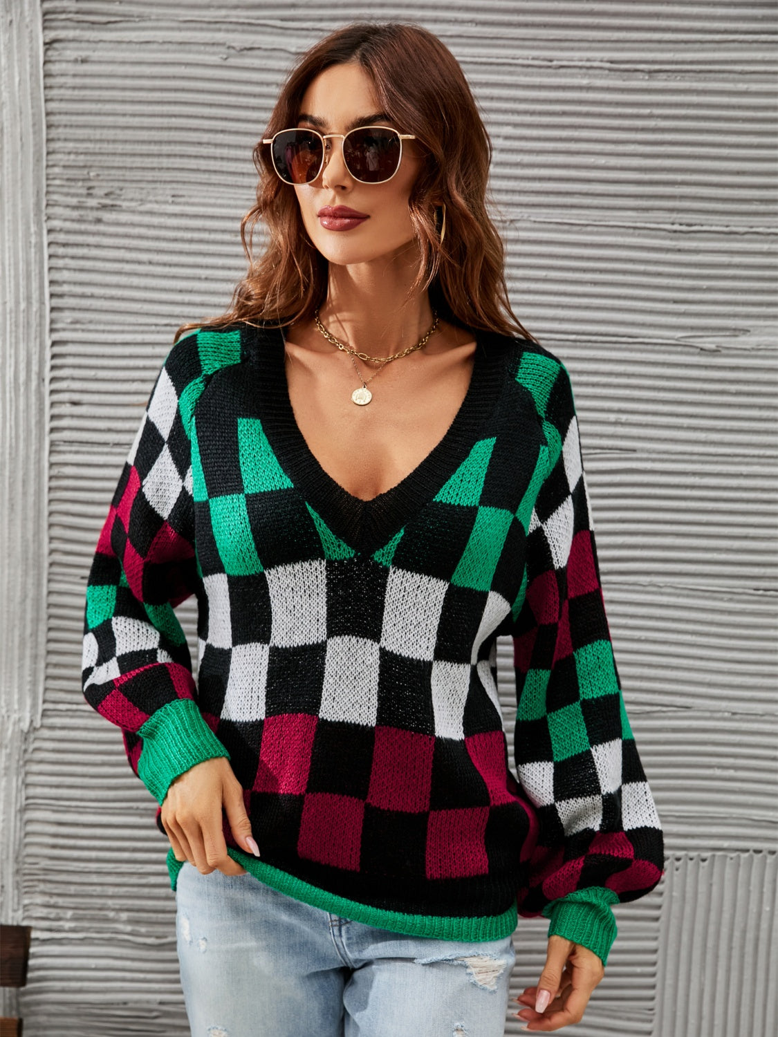 Angel Wings Checkered V-Neck Lantern Sleeve Sweater-TOPS / DRESSES-[Adult]-[Female]-2022 Online Blue Zone Planet