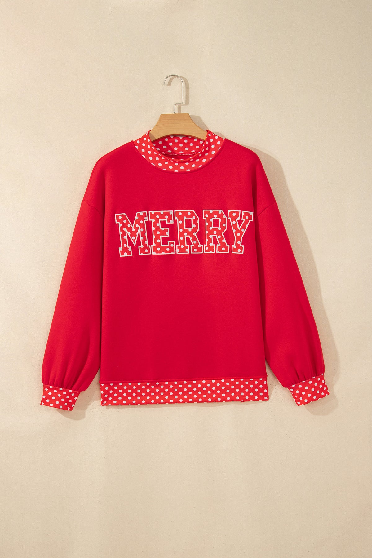 Fiery Red Polka Dot Letter Print Contrast Trim Mock Neck Sweatshirt-Tops/Sweatshirts & Hoodies-[Adult]-[Female]-2022 Online Blue Zone Planet