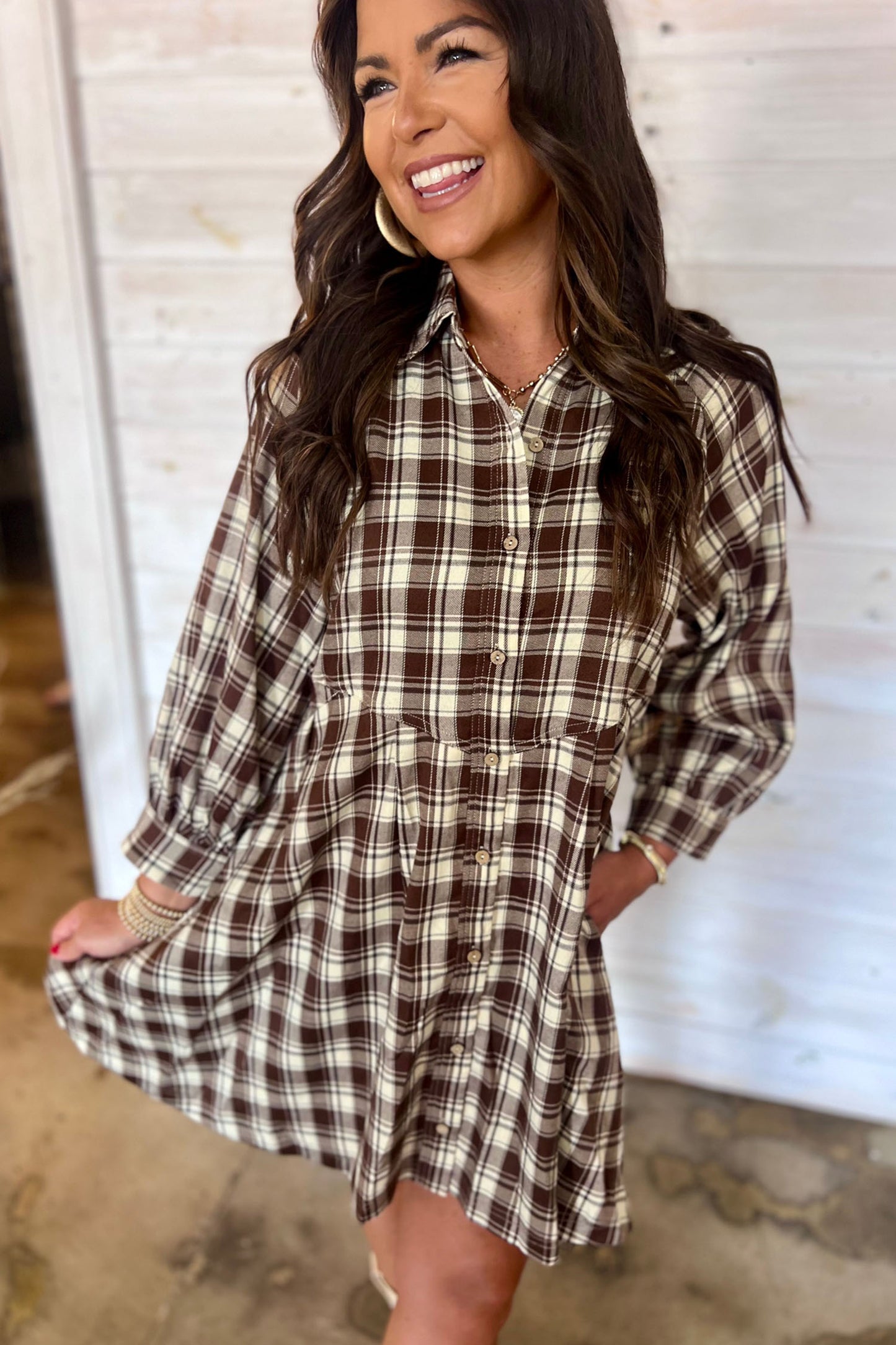 Brown Plaid Long Sleeve Short Shift Mini Dress