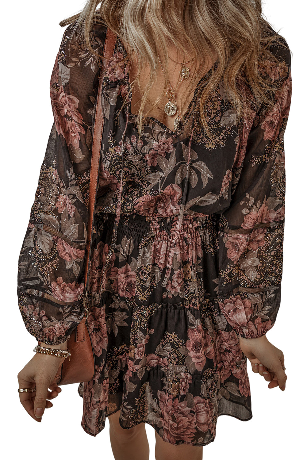 Black Vintage Floral Puff Sleeve V Neck Smock Waist Dress-Dresses/Floral Dresses-[Adult]-[Female]-2022 Online Blue Zone Planet