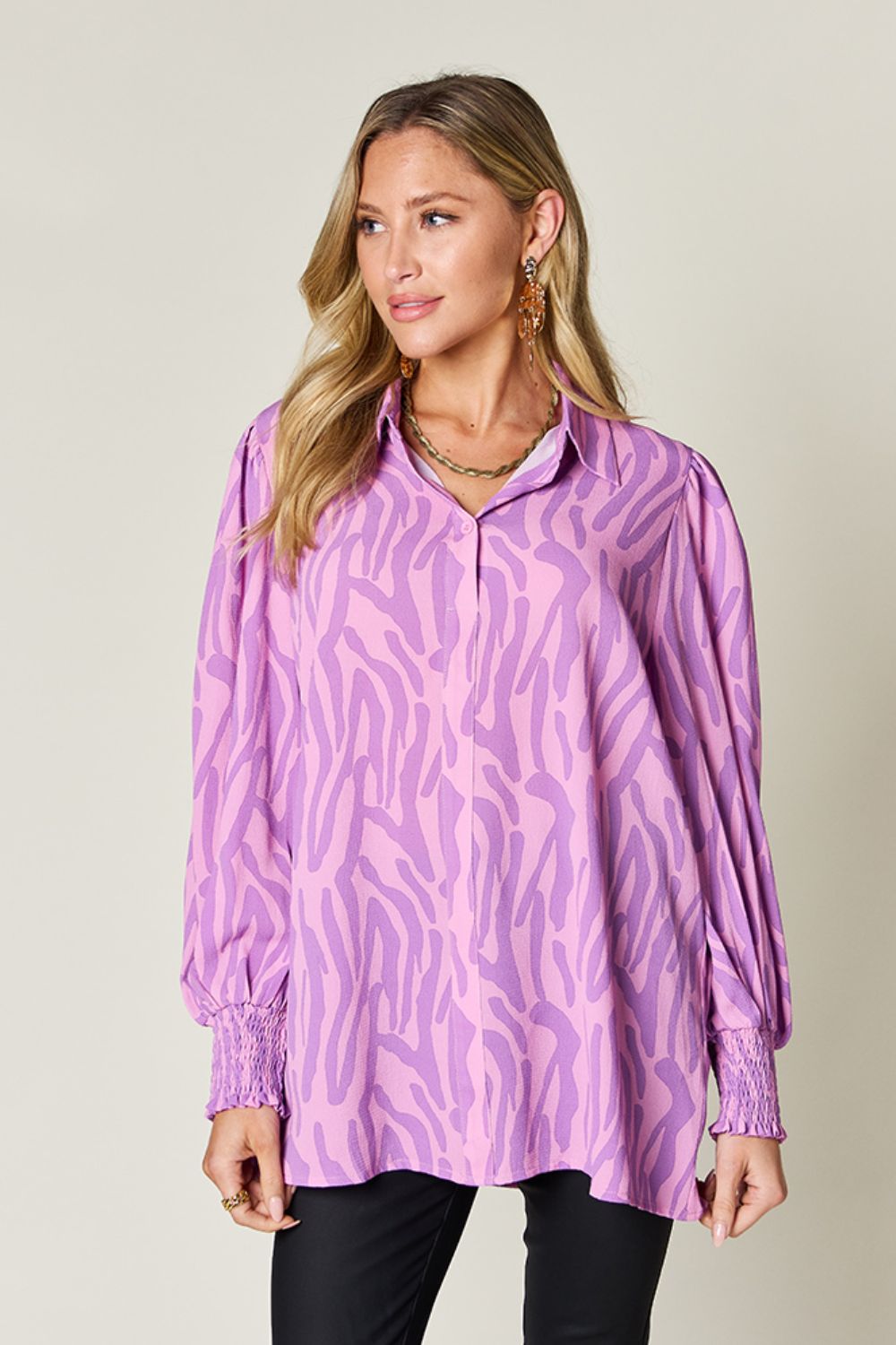 Blue Zone Planet | Double Take Full Size Printed Smocked Long Sleeve Blouse-TOPS / DRESSES-[Adult]-[Female]-2022 Online Blue Zone Planet