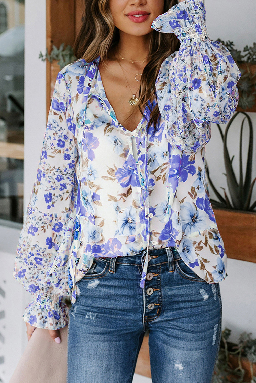 Blue Cakewalk Floral Smocked Blouse-Tops/Blouses & Shirts-[Adult]-[Female]-Blue-S-2022 Online Blue Zone Planet