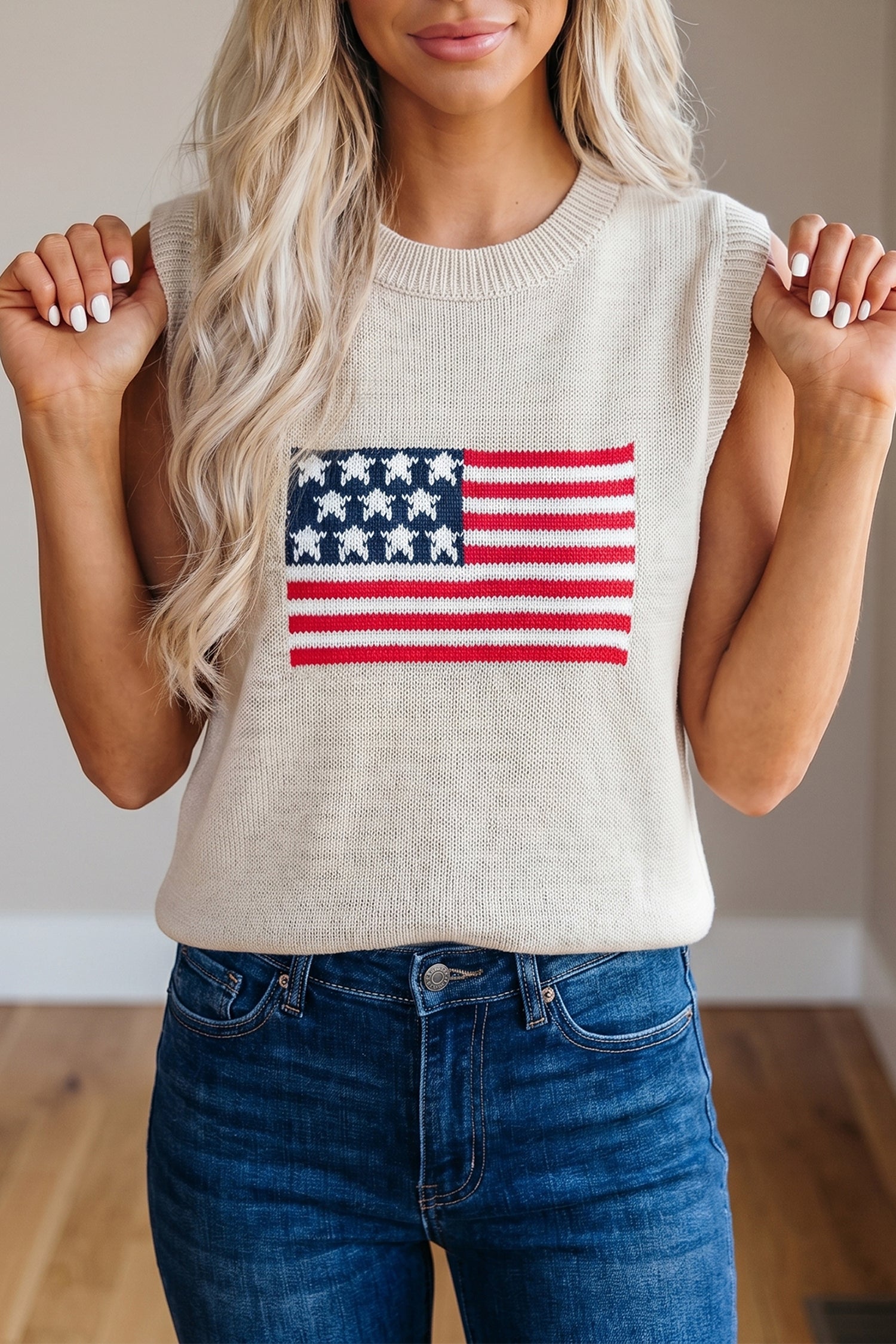 Parchment American Flag Sleeveless Sweater-TOPS / DRESSES-[Adult]-[Female]-2022 Online Blue Zone Planet
