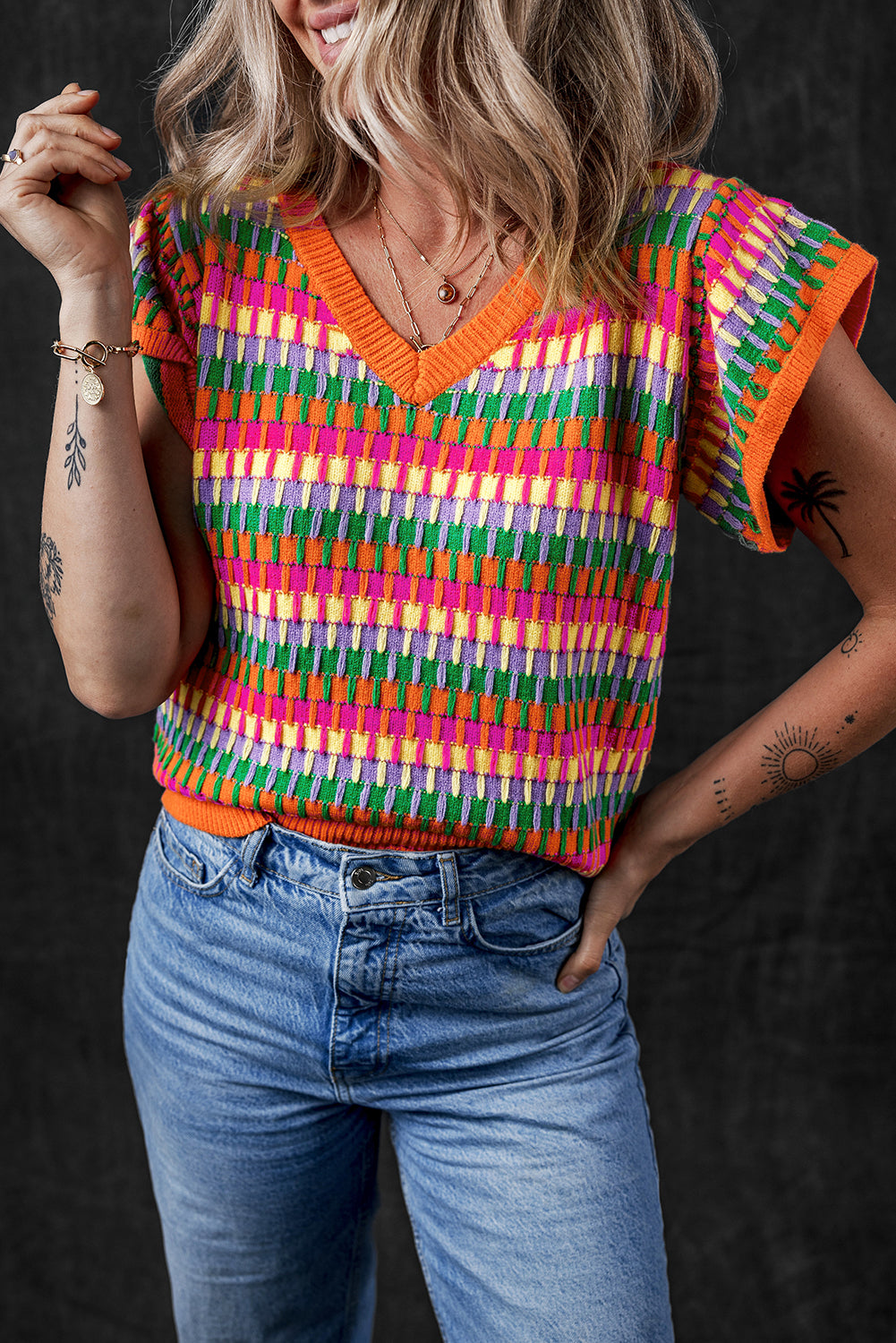 Orange Multi Flutter Sleeve Knitted Sweater Top-Sweaters & Cardigans/Short Sleeve Sweaters-[Adult]-[Female]-2022 Online Blue Zone Planet