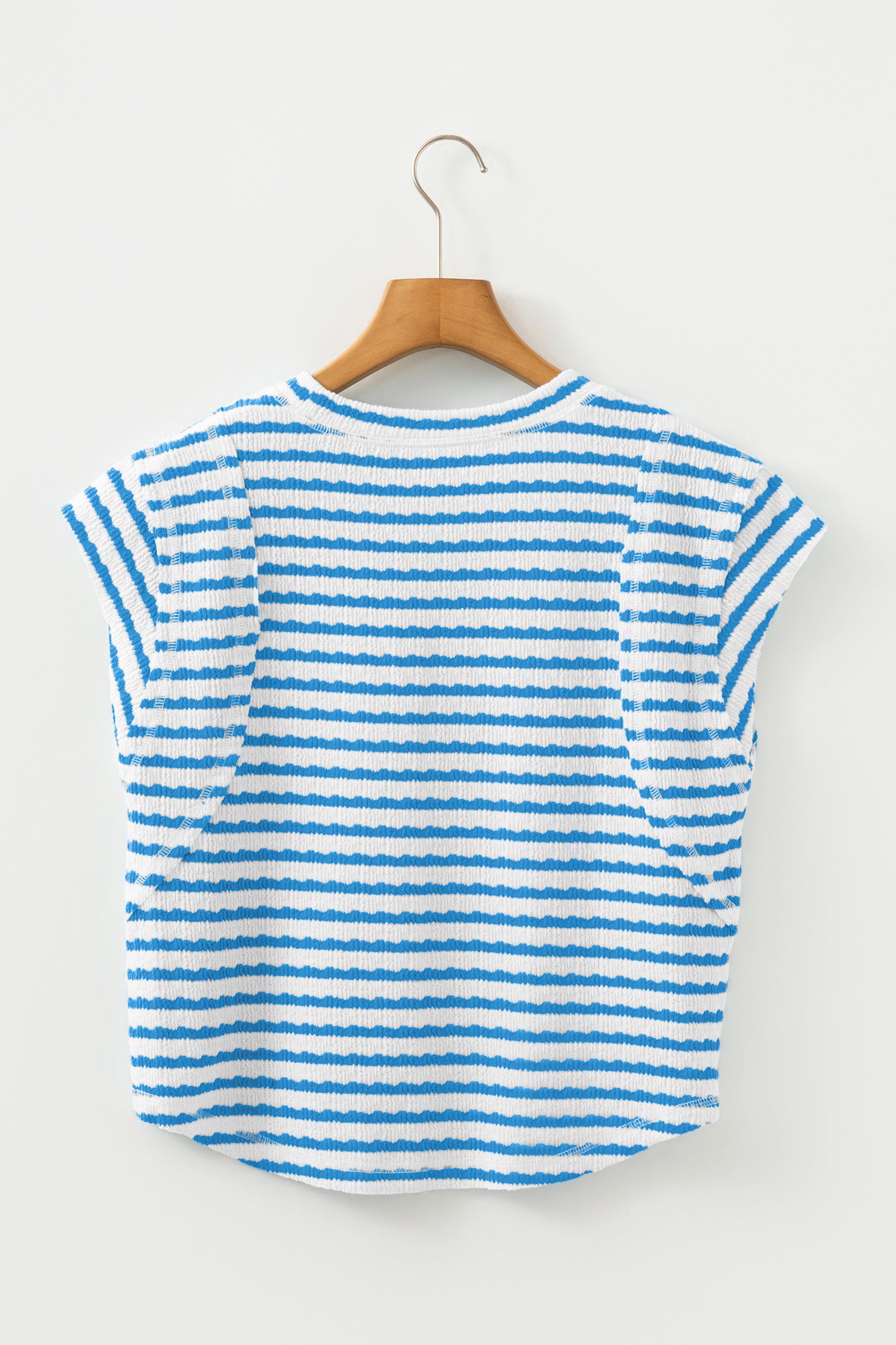 Blue Stripe Textured Short Sleeve Patchwork T Shirt-Tops/Tops & Tees-[Adult]-[Female]-2022 Online Blue Zone Planet
