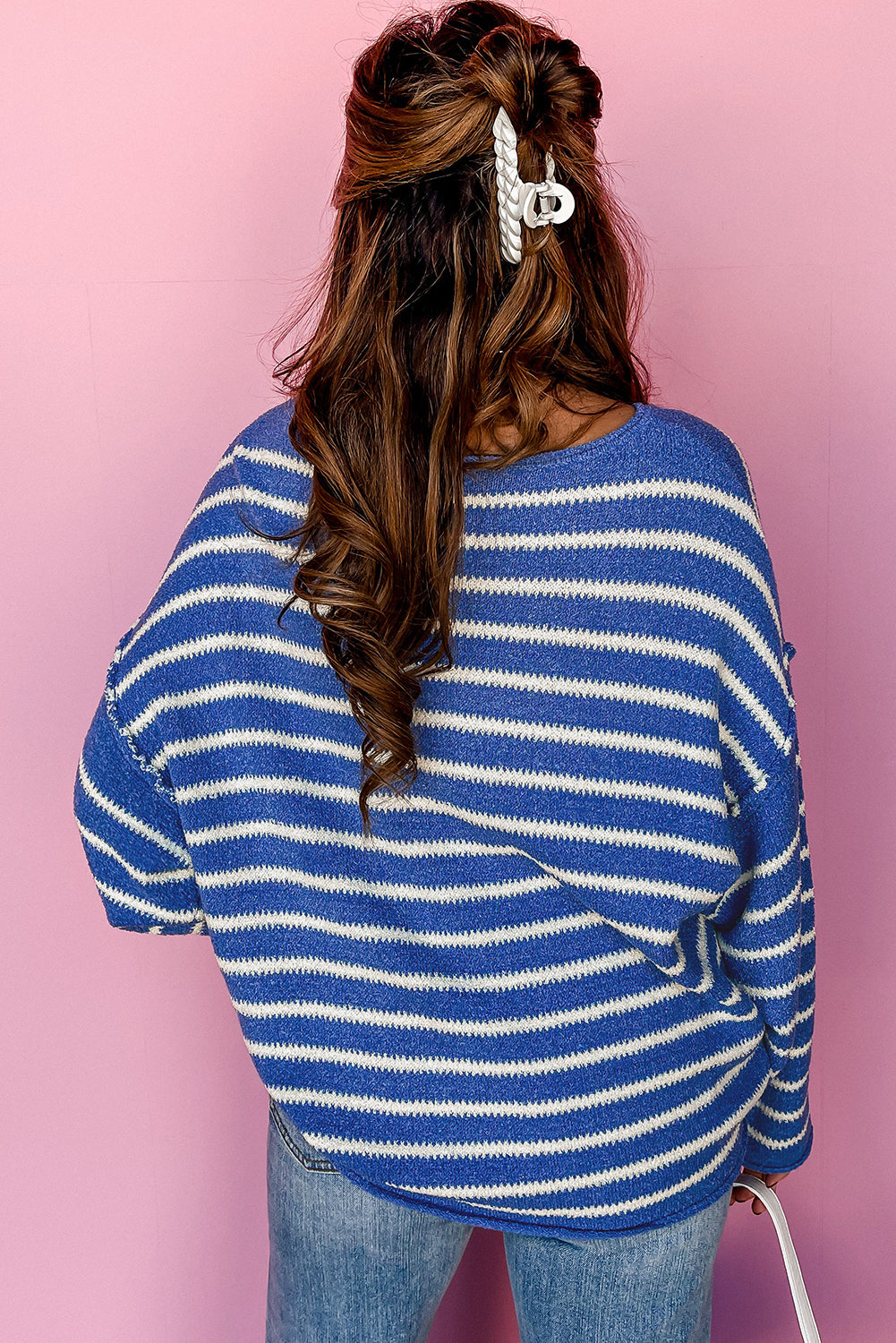 Blue Zone Planet | Green Stripe Casual Stripe Round Neck Drop Shoulder Sweater-Sweaters-[Adult]-[Female]-2022 Online Blue Zone Planet