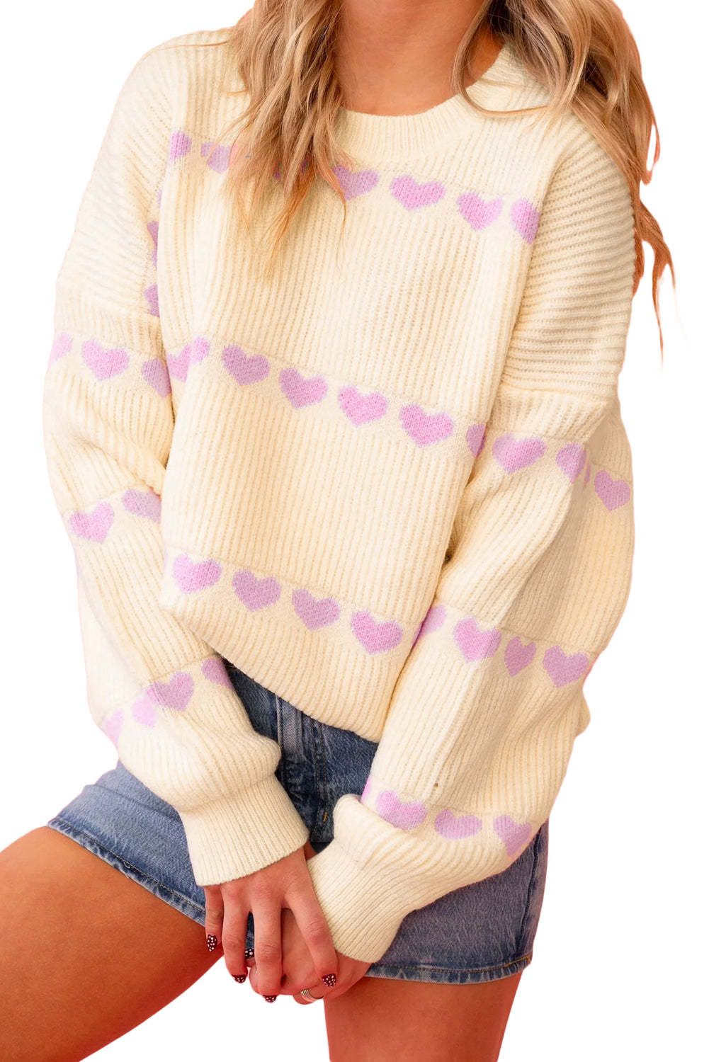 Pink Heart Pattern Ribbed Round Neck Knit Sweater-TOPS / DRESSES-[Adult]-[Female]-2022 Online Blue Zone Planet