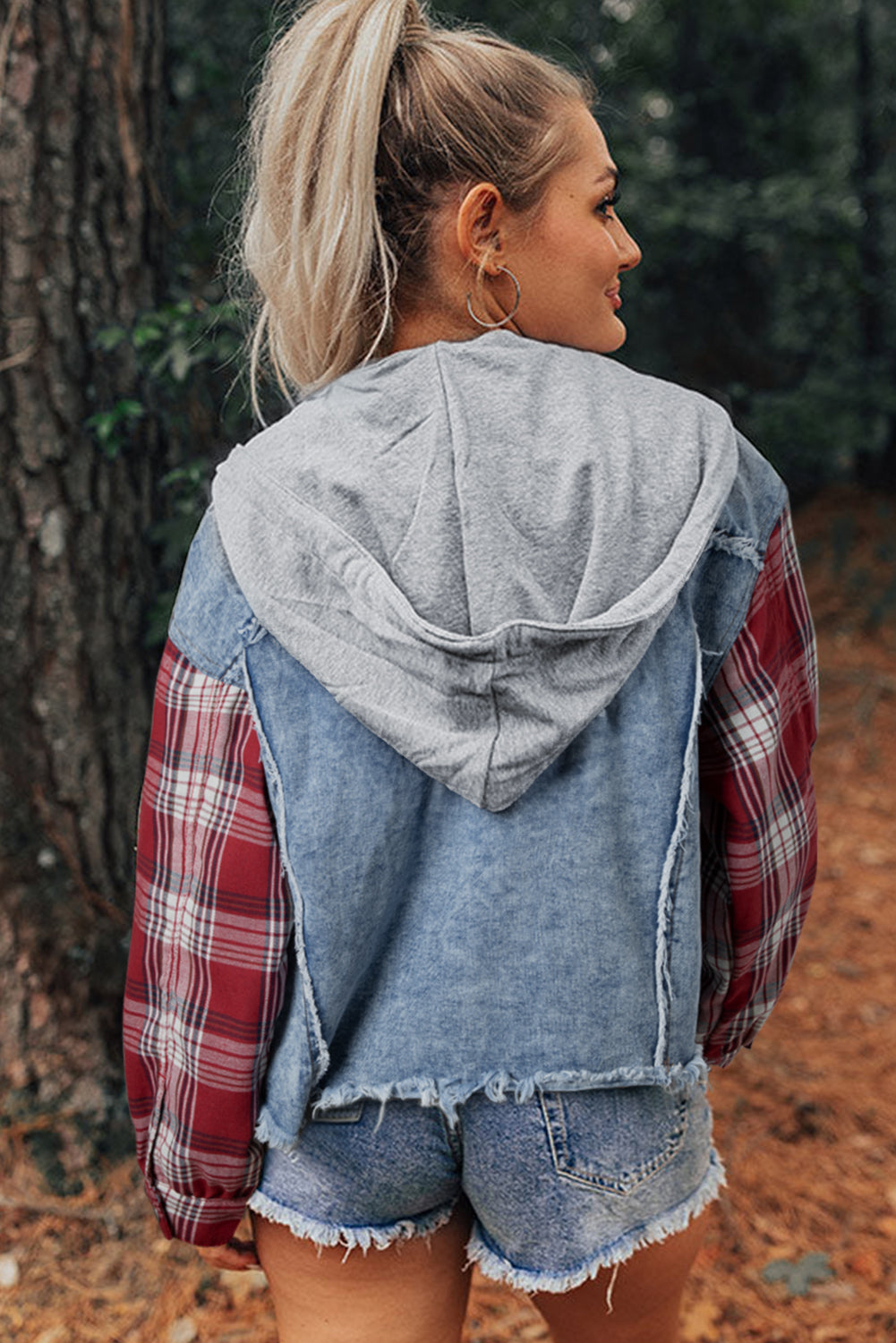 Blue Zone Planet | Beau Blue Plaid Print Patchwork Hooded Raw Hem Denim Jacket-Outerwear/Denim jackets-[Adult]-[Female]-2022 Online Blue Zone Planet