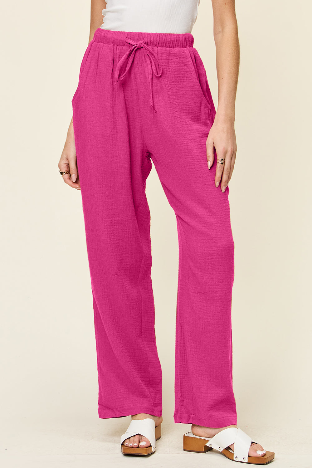 Double Take Full Size Texture Drawstring Straight Pants-BOTTOMS SIZES SMALL MEDIUM LARGE-[Adult]-[Female]-Hot Pink-S-2022 Online Blue Zone Planet