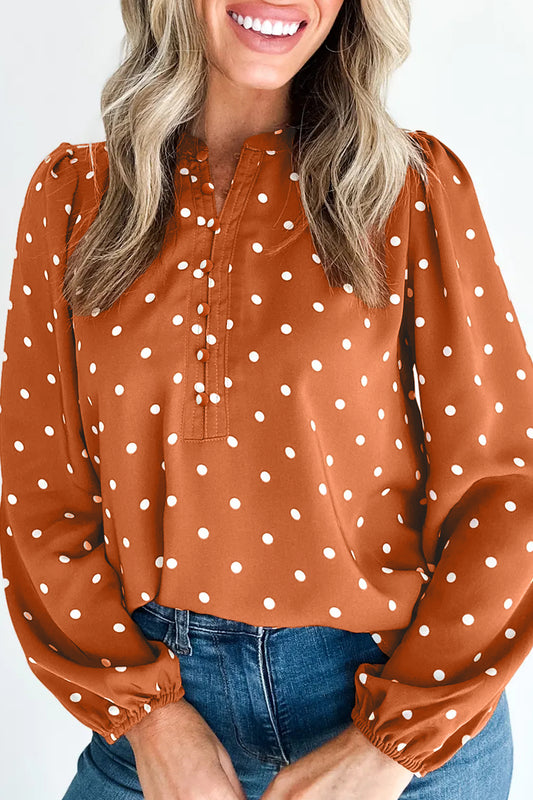 Brown Polka Dot Half Button V Neck Long Sleeve Blouse-Tops/Blouses & Shirts-[Adult]-[Female]-2022 Online Blue Zone Planet