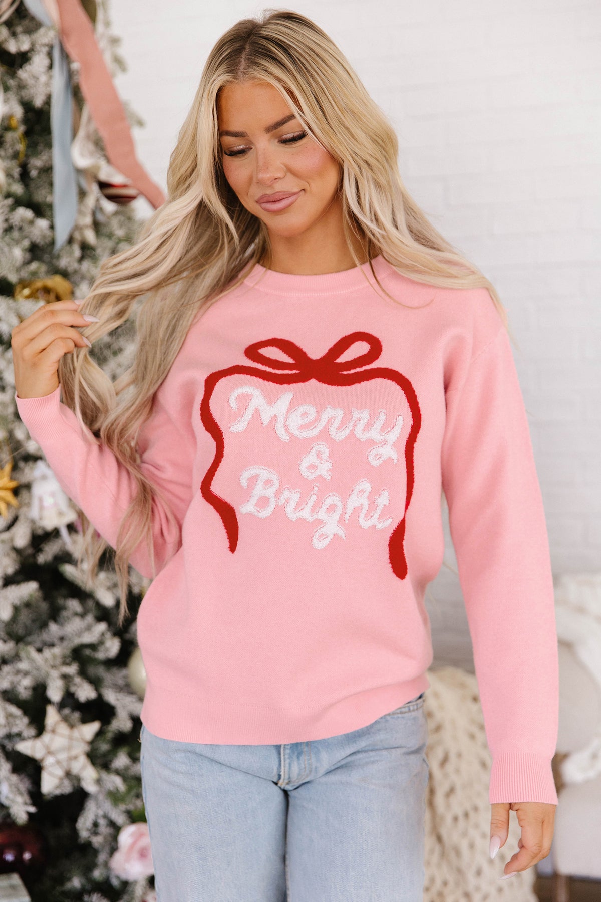 Gossamer Pink Drop Shoulder Round Neck Towel Embroidery Slogan Pullover Sweater-TOPS / DRESSES-[Adult]-[Female]-2022 Online Blue Zone Planet