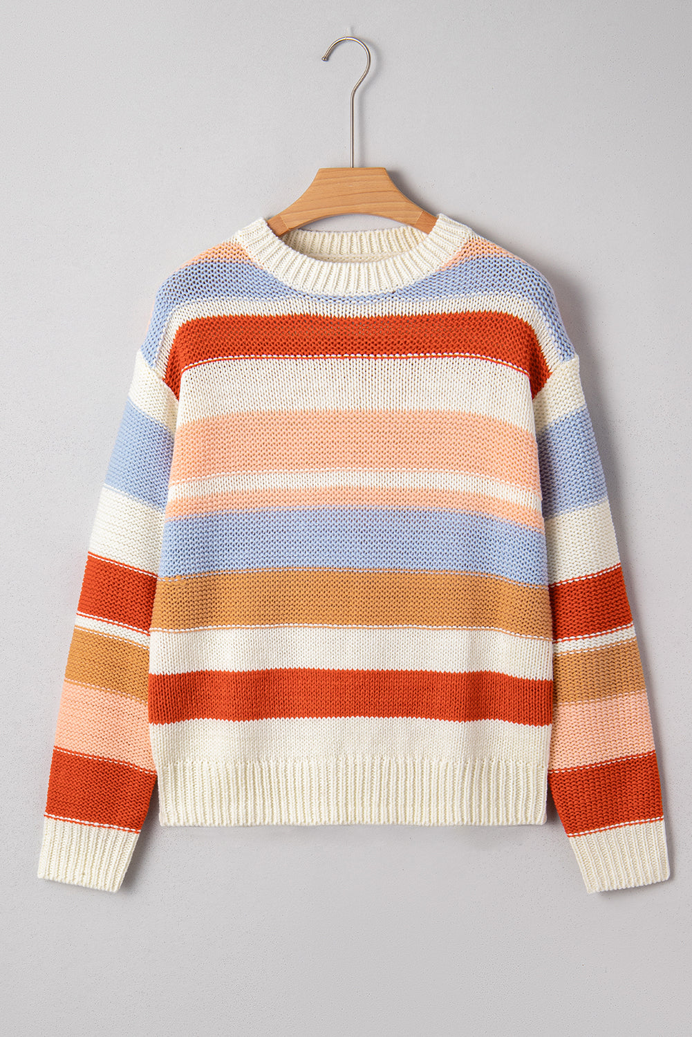 Pink Striped Colorblock Round Neck Drop Shoulder Sweater-Sweaters & Cardigans/Sweaters-[Adult]-[Female]-2022 Online Blue Zone Planet