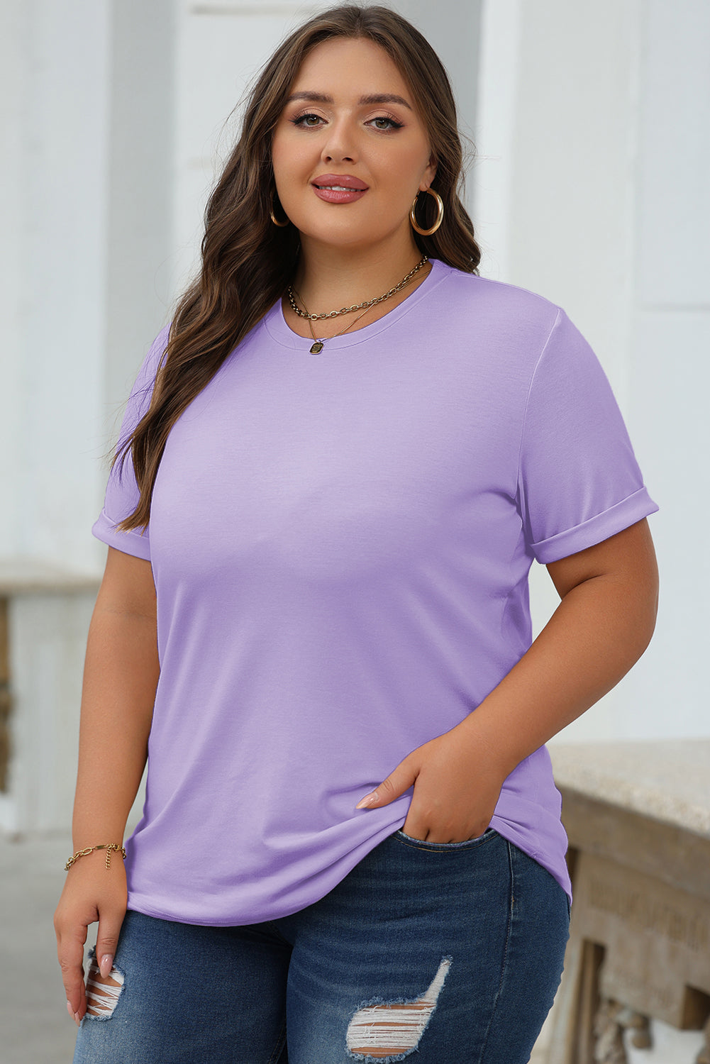 Wisteria Casual Plain Crew Neck Tee-Tops/Tops & Tees-[Adult]-[Female]-2022 Online Blue Zone Planet