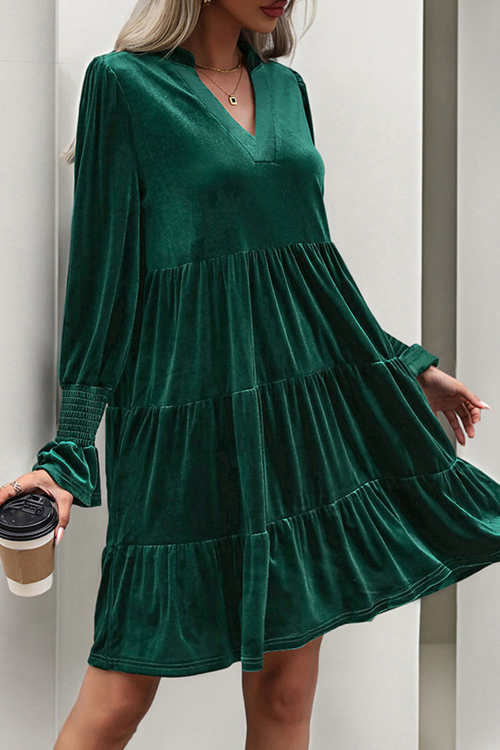 Blue Zone Planet | Evergreen Long Sleeve V Neck Velvet Short Dress-TOPS / DRESSES-[Adult]-[Female]-2022 Online Blue Zone Planet