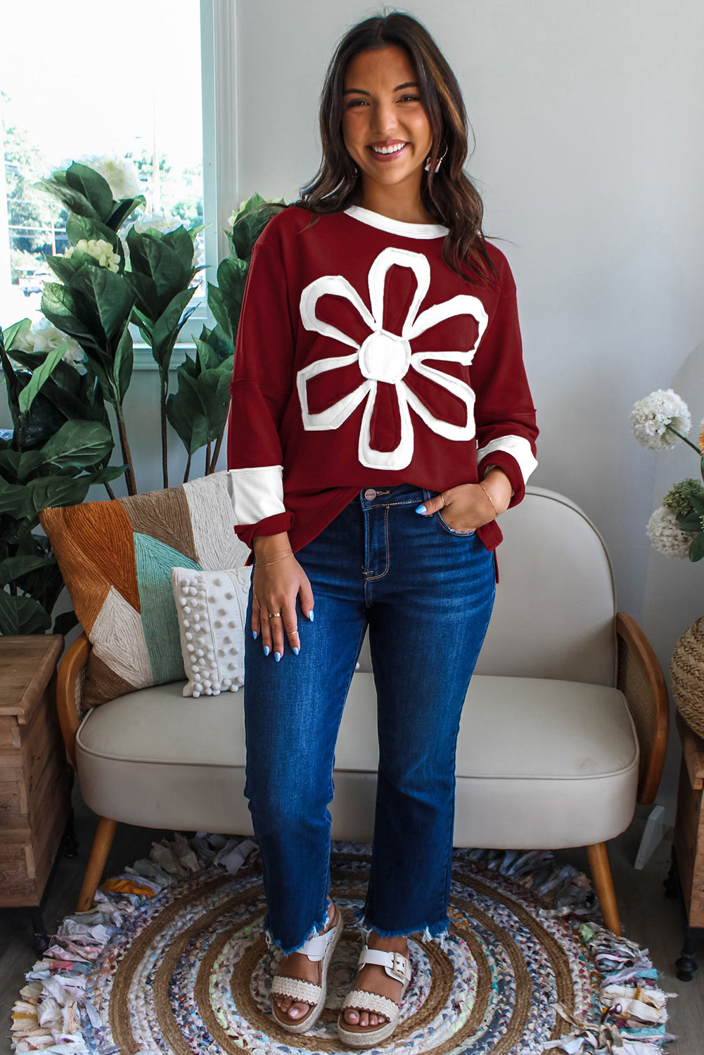 Red Dahlia Cheerful Daisy Flower Patched Round Neck Long Sleeve Top-Tops/Long Sleeve Tops-[Adult]-[Female]-2022 Online Blue Zone Planet