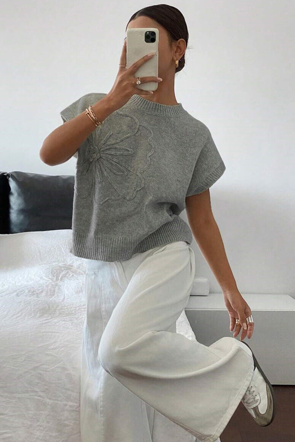 High Flower Pattern Ribbed Trim Short Sleeve Boxy Sweater-TOPS / DRESSES-[Adult]-[Female]-2022 Online Blue Zone Planet