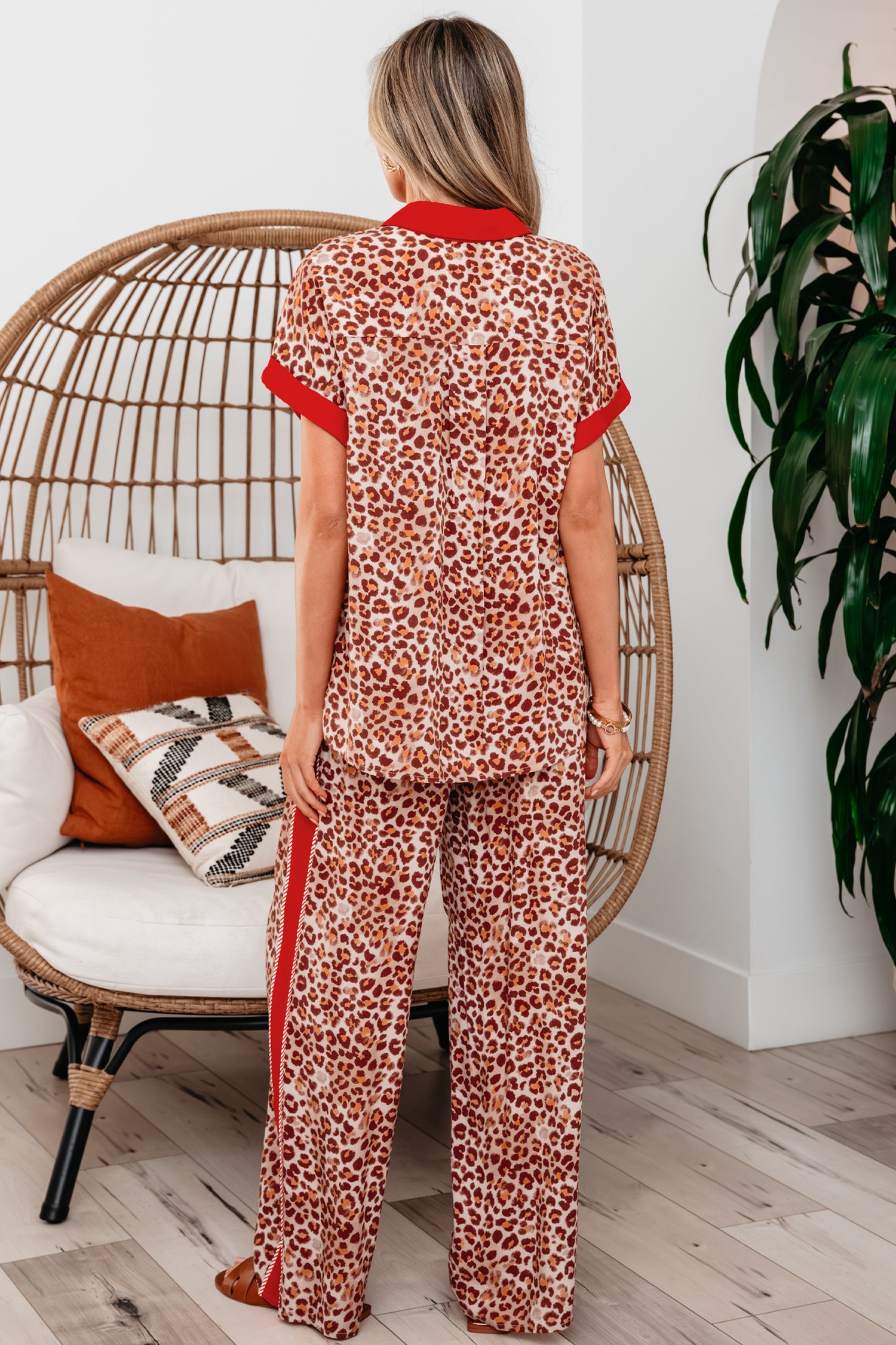 Brown Contrast Trim Leopard Top and Pant Set-Two Piece Sets/Pant Sets-[Adult]-[Female]-2022 Online Blue Zone Planet