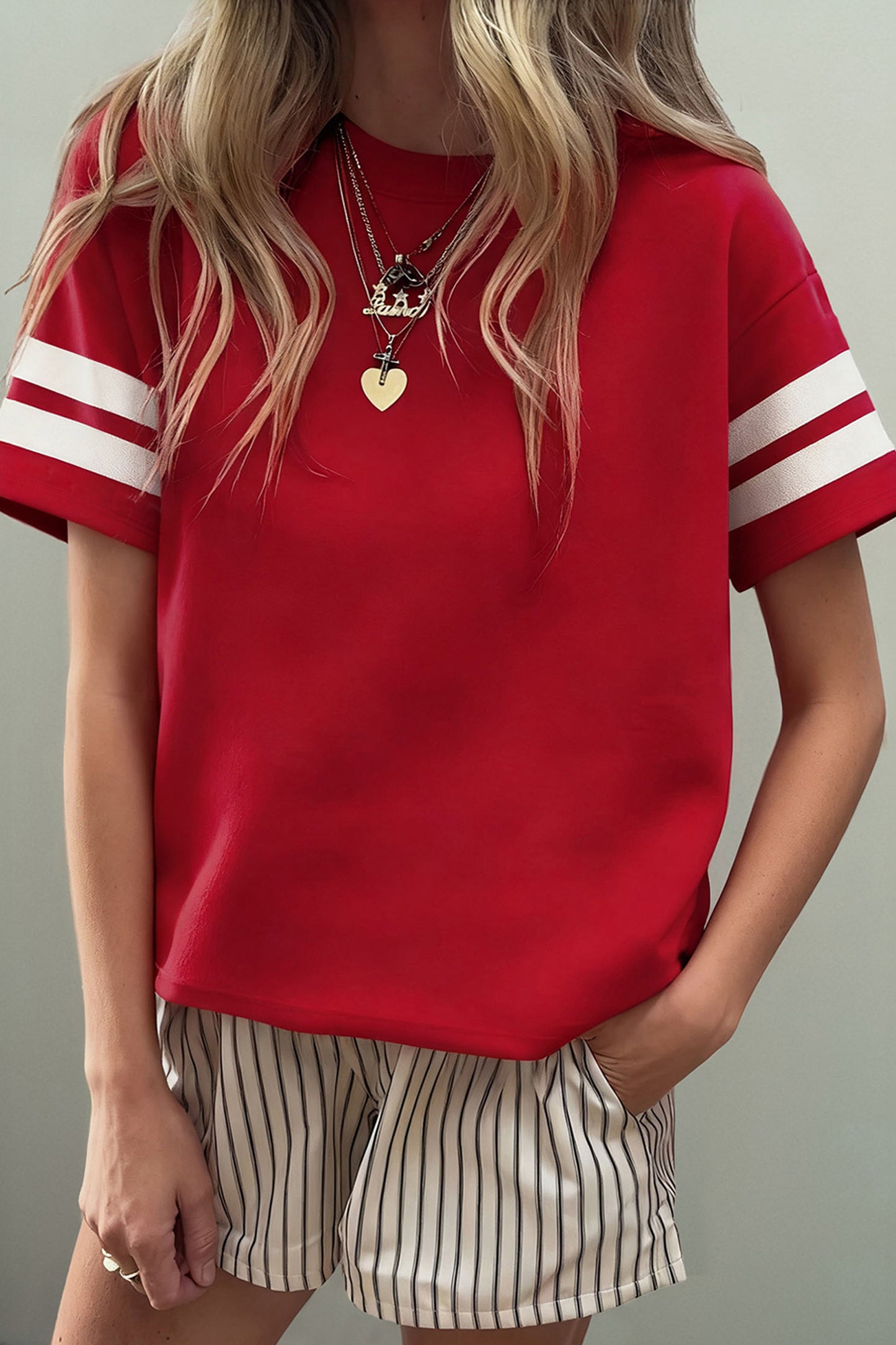 Dark Blue Varsity Striped Short Sleeve Crew Neck T Shirt-Tops/Tops & Tees-[Adult]-[Female]-2022 Online Blue Zone Planet