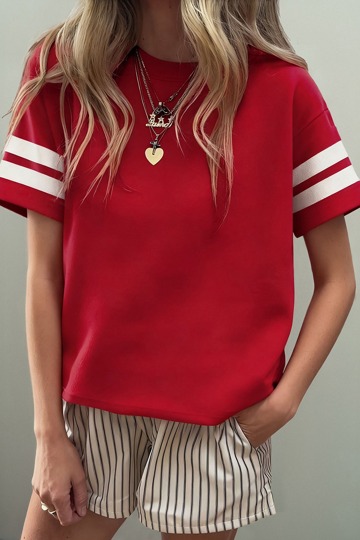 Dark Blue Varsity Striped Short Sleeve Crew Neck T Shirt-Tops/Tops & Tees-[Adult]-[Female]-2022 Online Blue Zone Planet