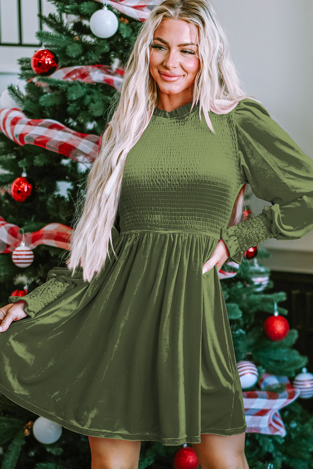 Blue Zone Planet | Moss Green Frilled Neck Smocked Bodice Velvet Dress-TOPS / DRESSES-[Adult]-[Female]-Moss Green-S-2022 Online Blue Zone Planet