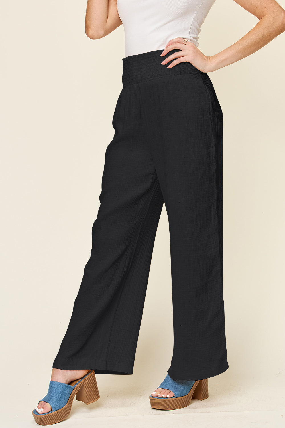 Double Take Full Size Texture Smocked Waist Wide Leg Pants-BOTTOMS SIZES SMALL MEDIUM LARGE-[Adult]-[Female]-2022 Online Blue Zone Planet