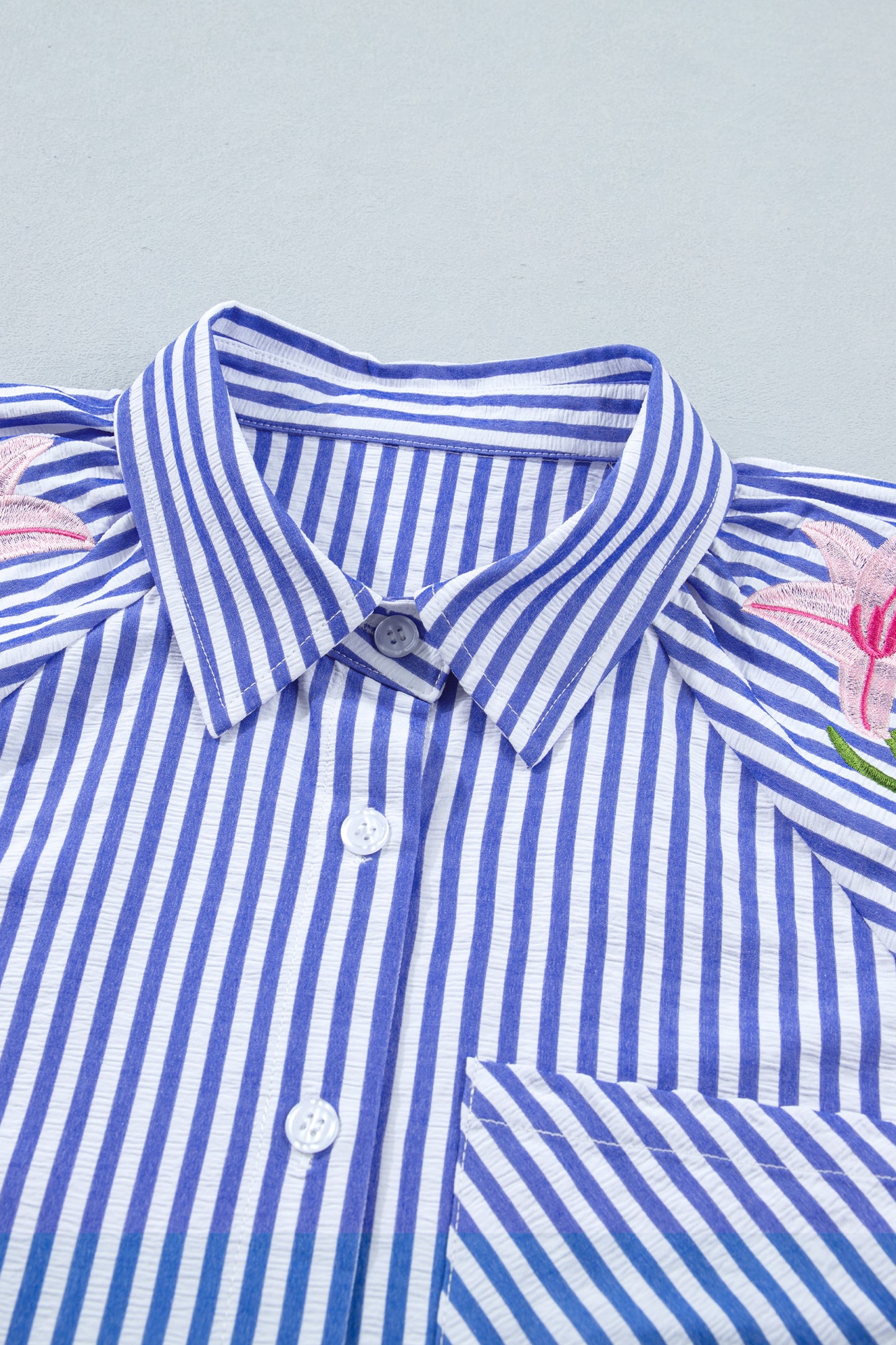 Sky Blue Stripe Lily Floral Embroidered Puff Sleeve Button Down Shirt-Tops/Blouses & Shirts-[Adult]-[Female]-2022 Online Blue Zone Planet