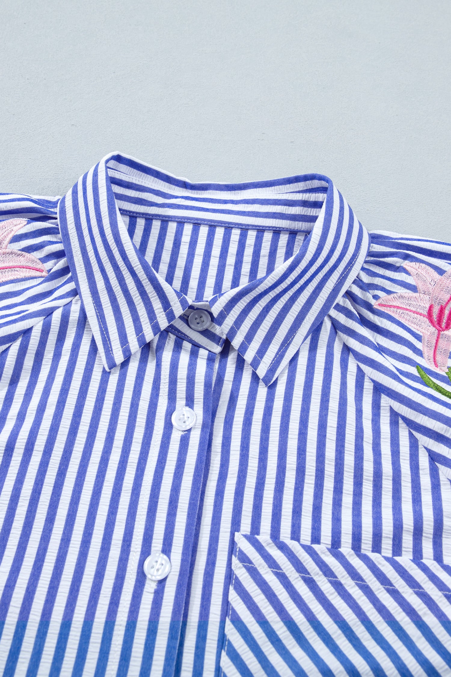 Sky Blue Stripe Lily Floral Embroidered Puff Sleeve Button Down Shirt-Tops/Blouses & Shirts-[Adult]-[Female]-2022 Online Blue Zone Planet